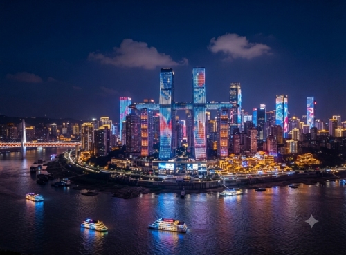 Vista aérea nocturna del centro de la península de Yuzhong en Chongqing, China, destacando el rascacielos Raffles City con su puente aéreo iluminado y barcos de crucero navegando en los ríos Jialing y Yangtsé.