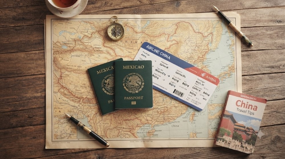 "Una fotografía de estilo cenital muestra dos pasaportes mexicanos verdes y dos boletos de avión para la aerolínea 'CHINA AIRLINES' dispuestos cuidadosamente sobre un mapa antiguo de China desplegado en una mesa de madera rústica. Al lado, hay una brújula dorada, dos plumas estilográficas y una guía de viaje titulada 'China Travel Tips', con una taza de té borrosa en el fondo. El enfoque está nítido sobre los documentos de viaje."