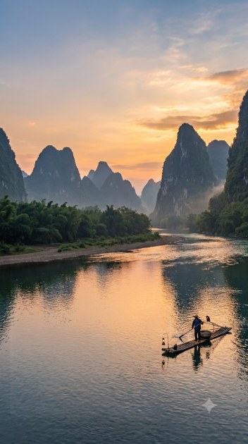Pescador solitario en una balsa de bambú navegando por el sereno río Li al atardecer, rodeado de las icónicas montañas cársticas de Guilin, China.