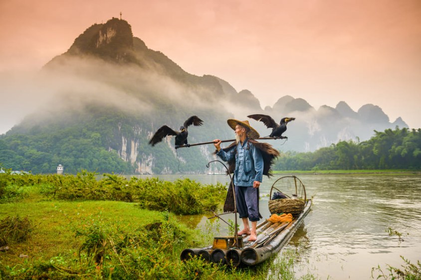 Pescador tradicional chino con cormoranes sobre una balsa de bambú en el río Li, con las icónicas montañas cársticas envueltas en niebla de fondo